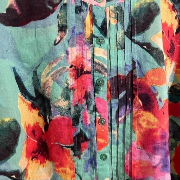 Floral Button Up Blouse Pleated Colorful Blue Pink Yellow Summer Long Sleeve Top - Picture 5 of 7